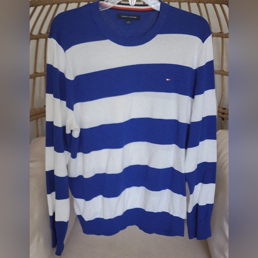 Tommy Hilfiger Men's Blue Signature Rugby Striped CrewNeck Pullover Sweater Sz L